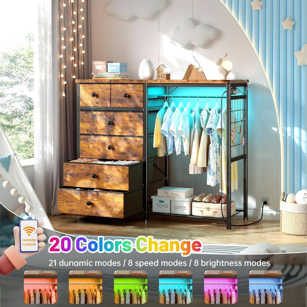 49 Inch Rustic Brown Dresser With Clothes Rack LED Lights