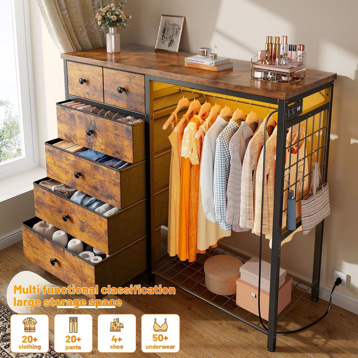 49 Inch Rustic Brown Dresser With Clothes Rack LED Lights