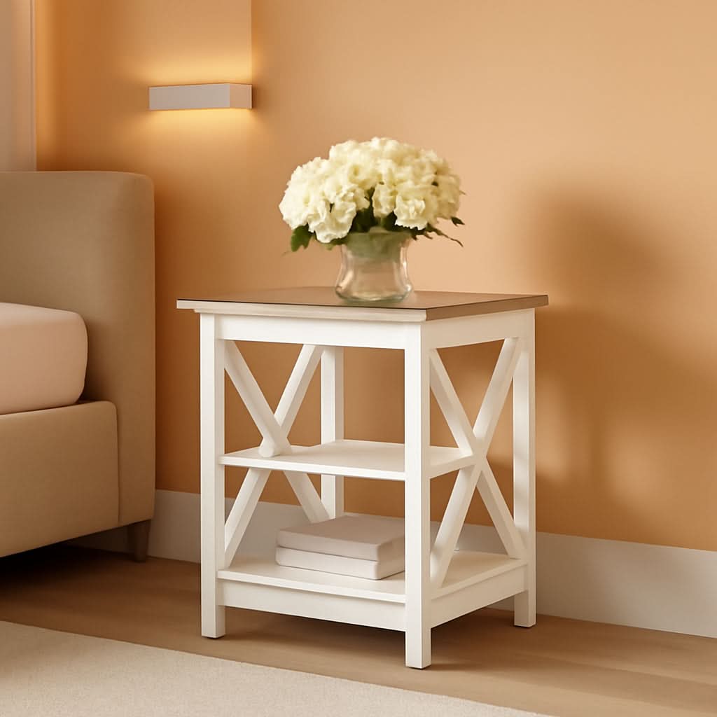 Rustic Ivory End Table Set Of 2 With Shelves 23.6 Inch