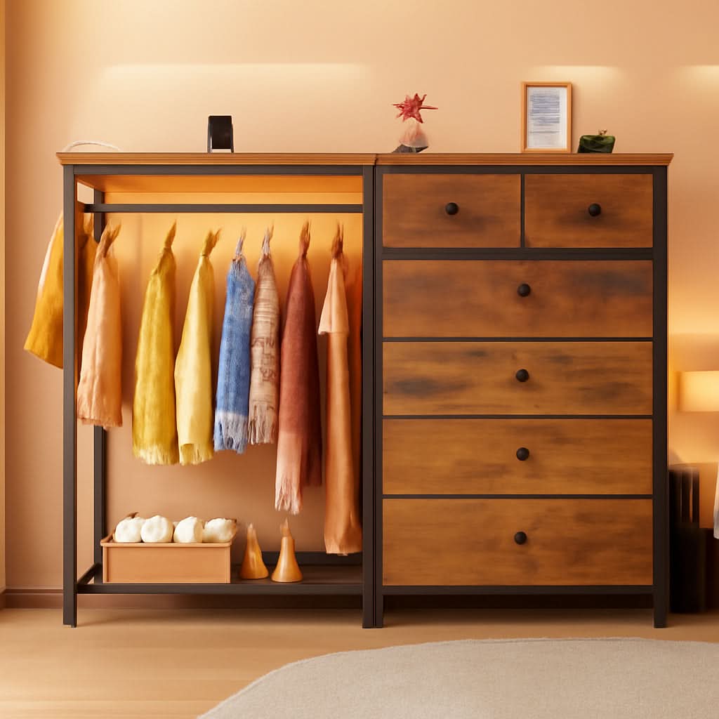 49 Inch Rustic Brown Dresser With Clothes Rack LED Lights