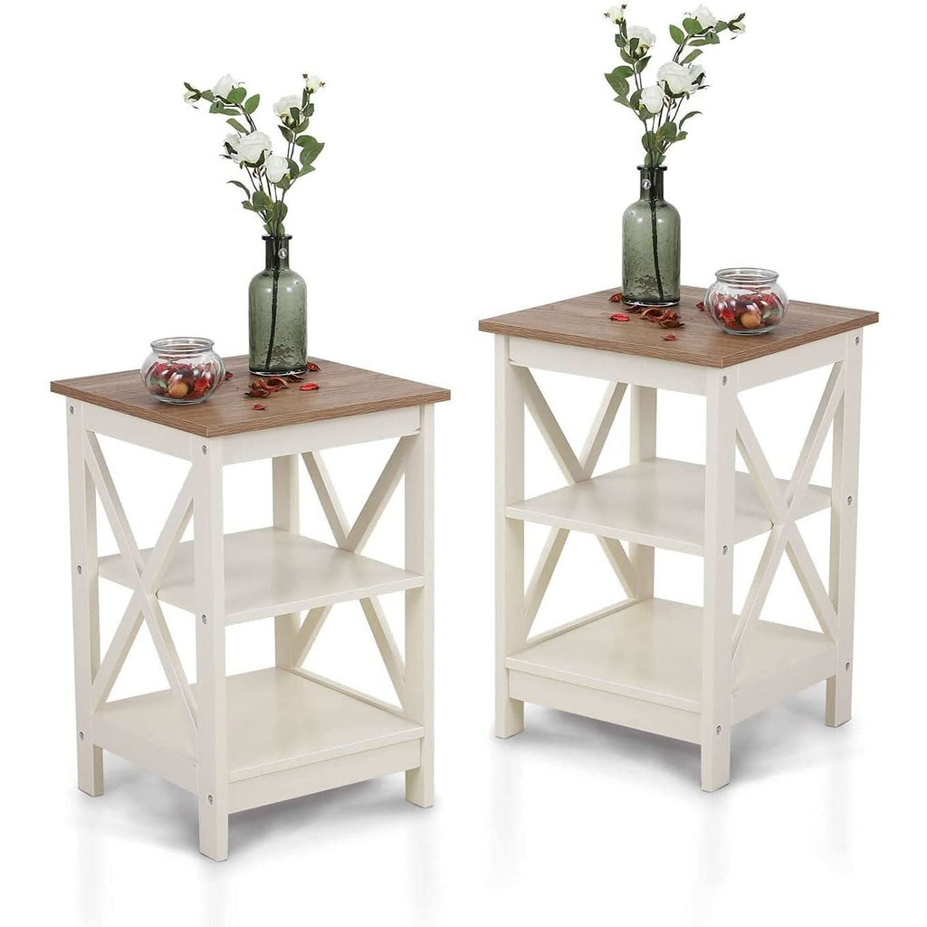 Rustic Ivory End Table Set Of 2 With Shelves 23.6 Inch