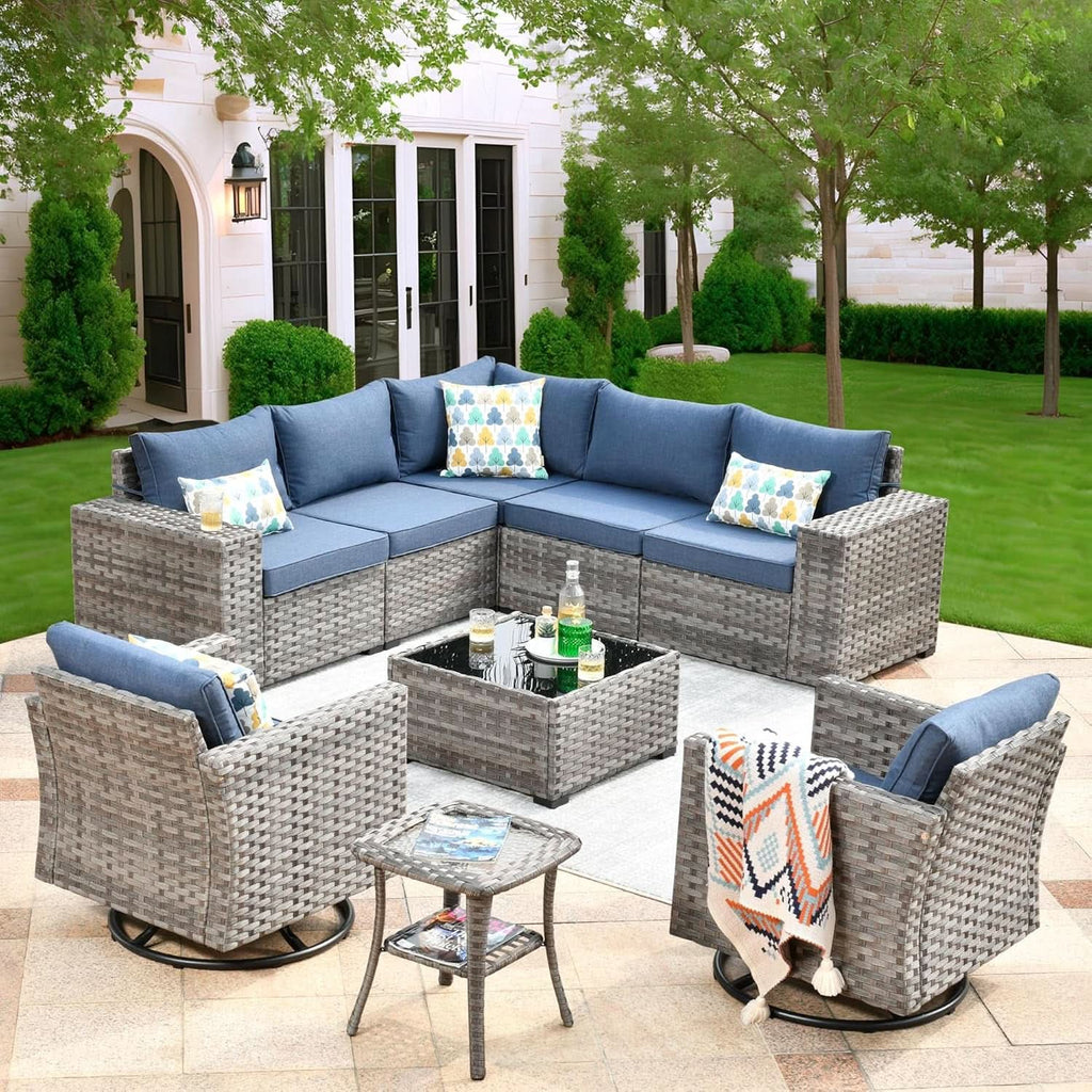 Outdoor Wicker Sectional Sofa Set with Swivel Chairs