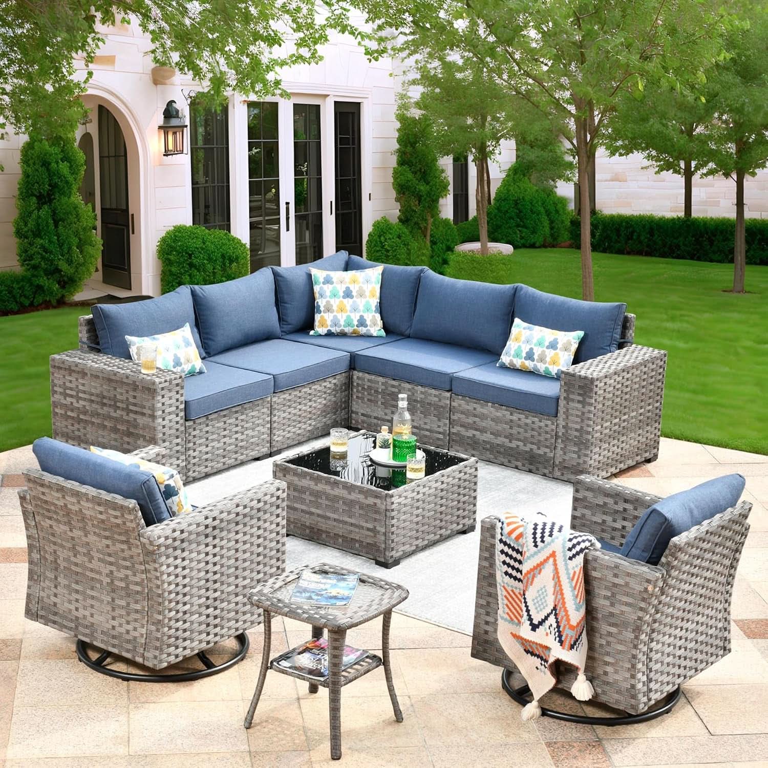 Outdoor Wicker Sectional Sofa Set with Swivel Chairs