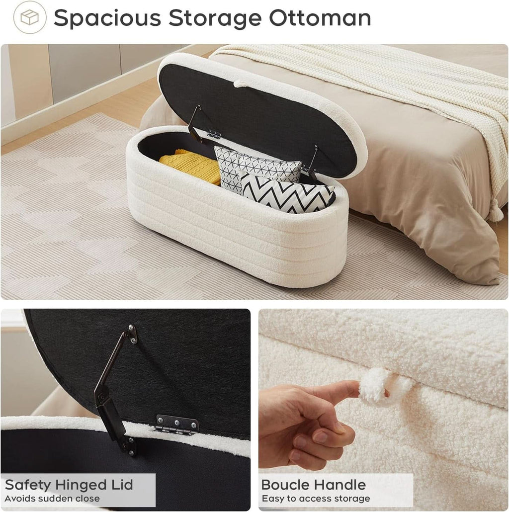 45 Inch Storage Ottoman Bench Boucle Upholstery Fabric
