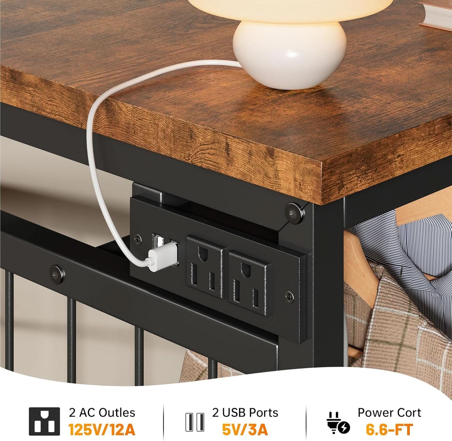 49 Inch Rustic Brown Dresser With Clothes Rack LED Lights