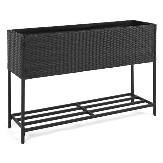 Wicker Raised Garden Bed with Storage Shelf and Drainage Gaps for Flowers