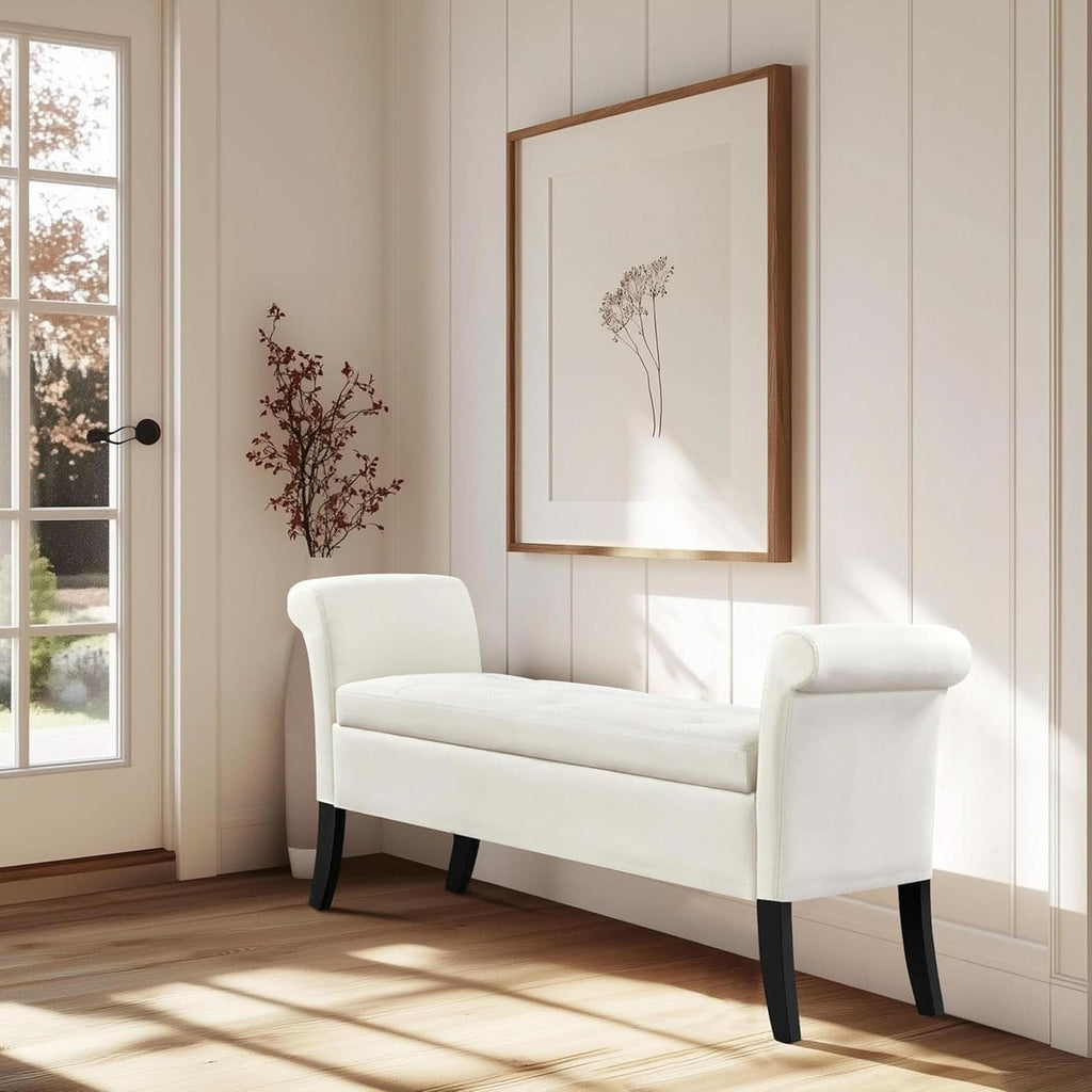 Fifty TwoInches Durable White Upholstered Storage Ottoman Bench