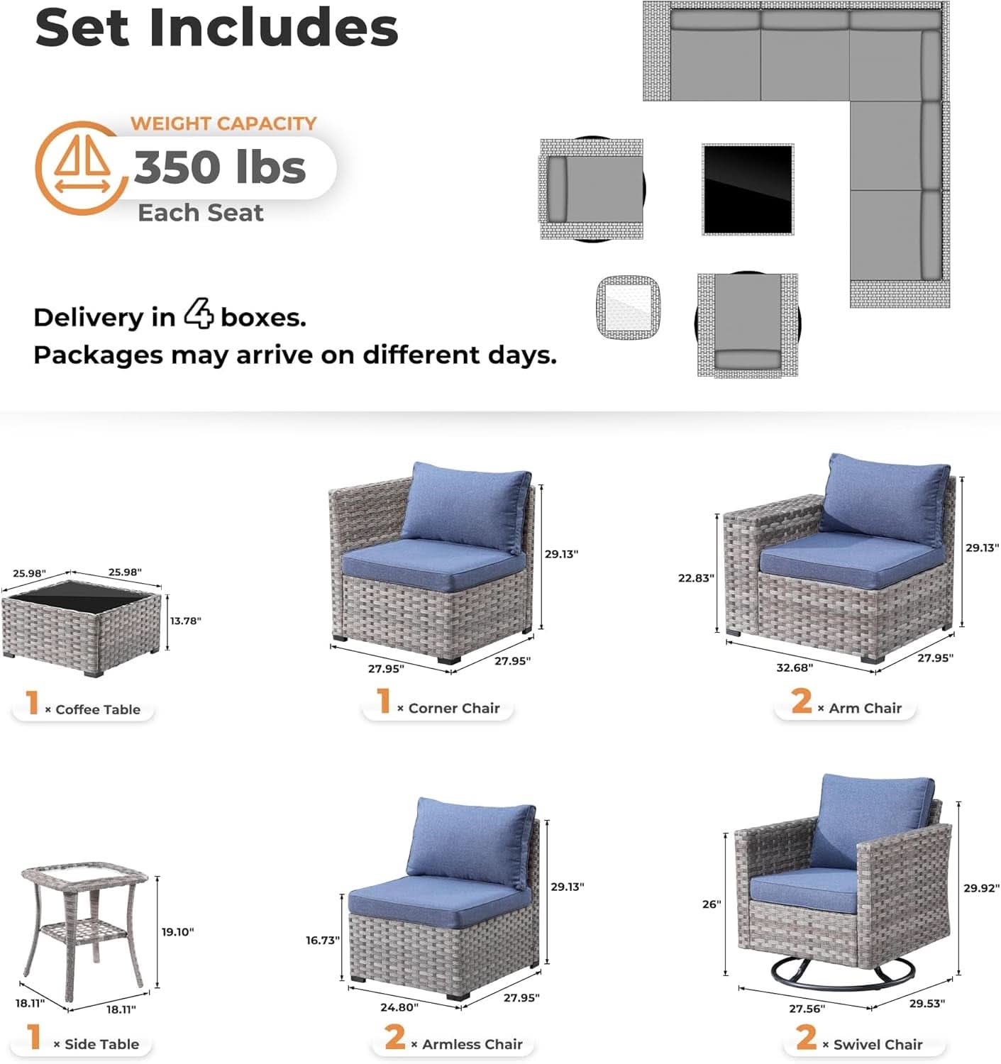 Outdoor Wicker Sectional Sofa Set with Swivel Chairs