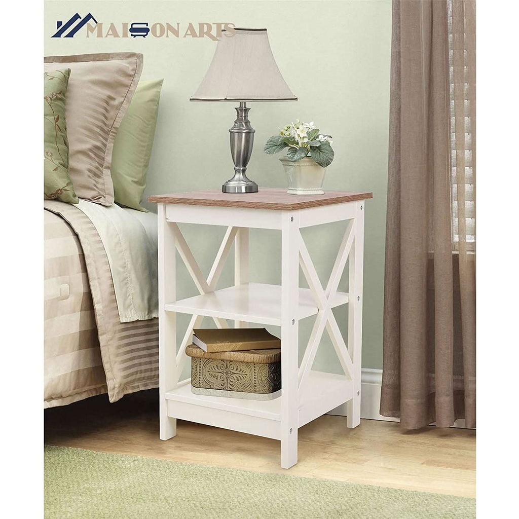 Rustic Ivory End Table Set Of 2 With Shelves 23.6 Inch