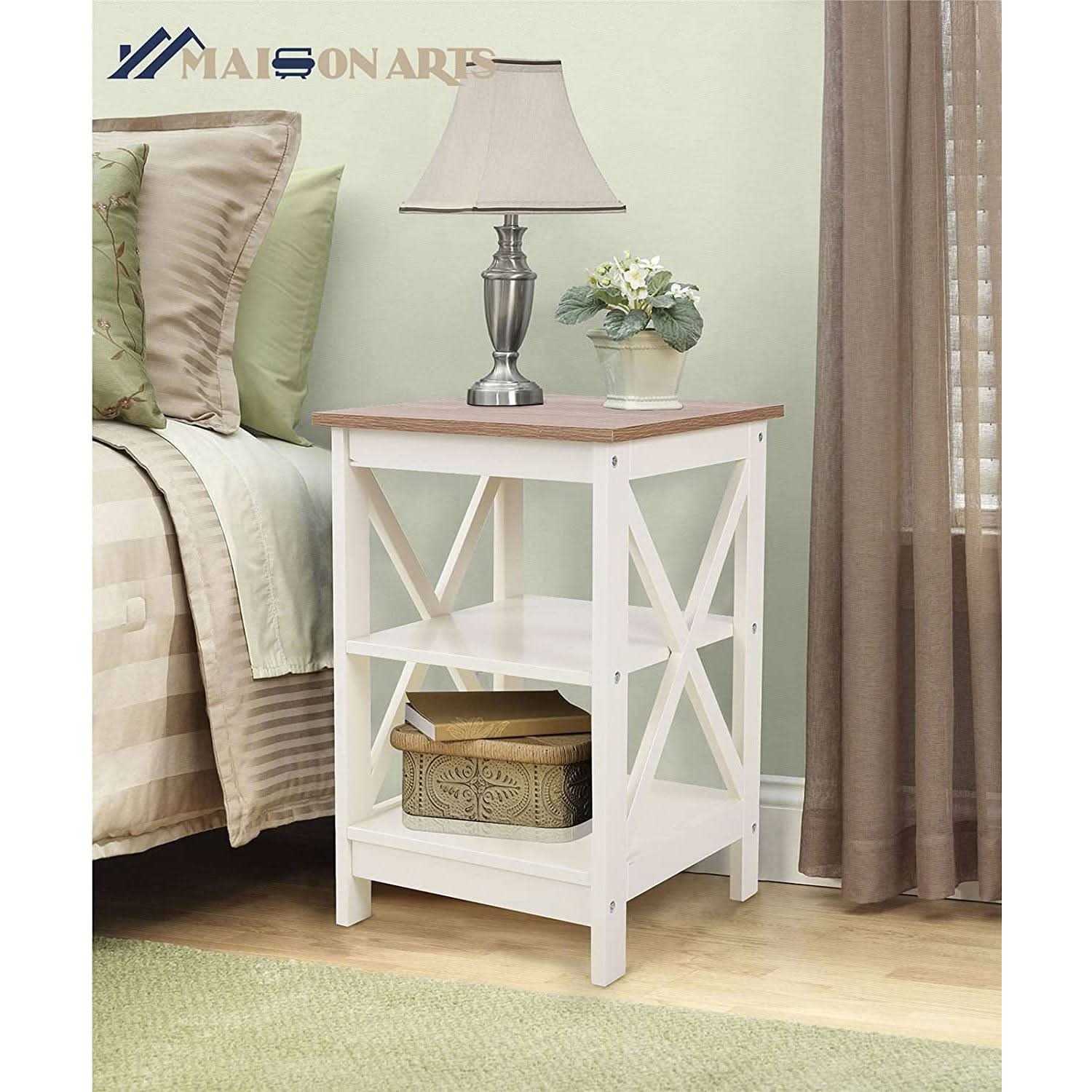 Rustic Ivory End Table Set Of 2 With Shelves 23.6 Inch