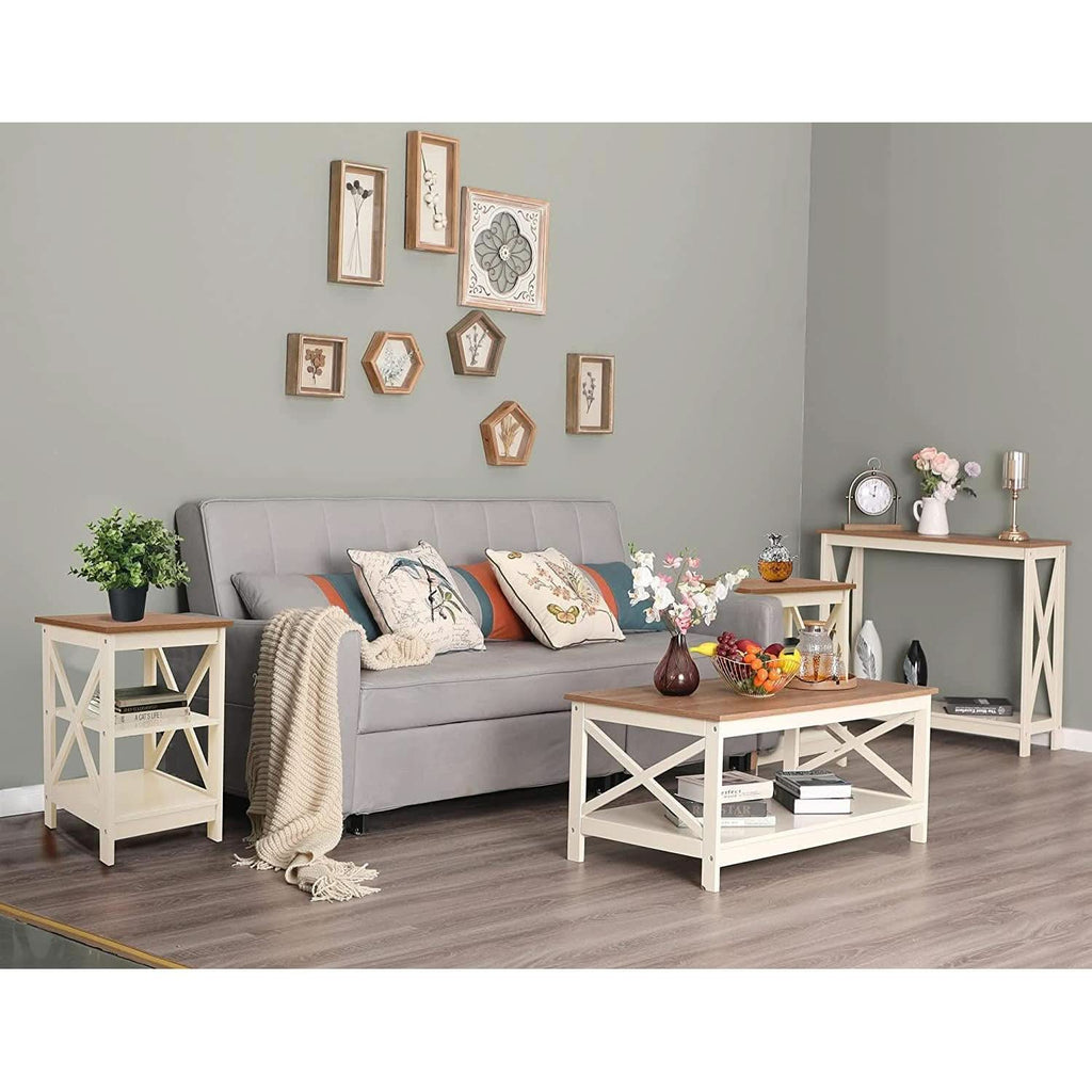 Rustic Ivory End Table Set Of 2 With Shelves 23.6 Inch