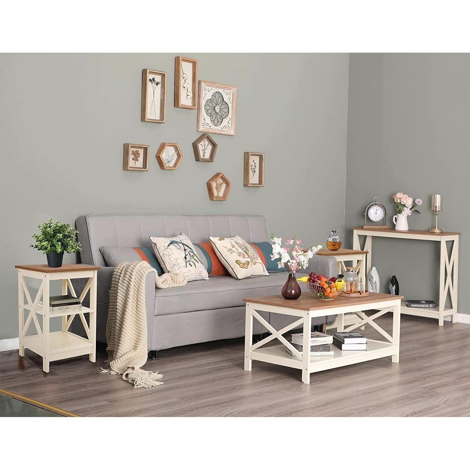 Rustic Ivory End Table Set Of 2 With Shelves 23.6 Inch