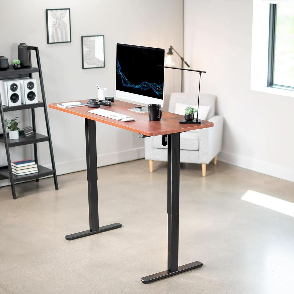 60 Inch Electric Height Adjustable Desk Dark Walnut Top Black Frame