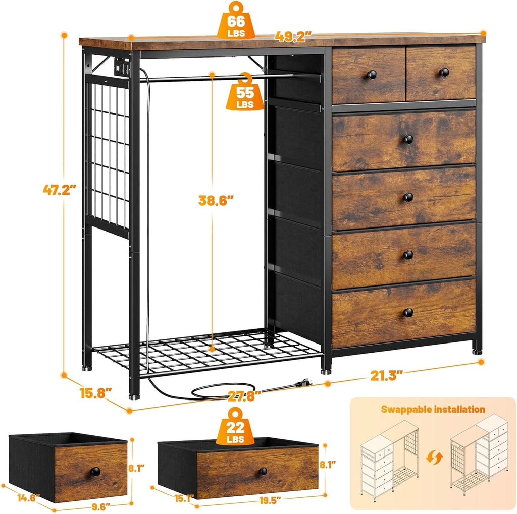 49 Inch Rustic Brown Dresser With Clothes Rack LED Lights