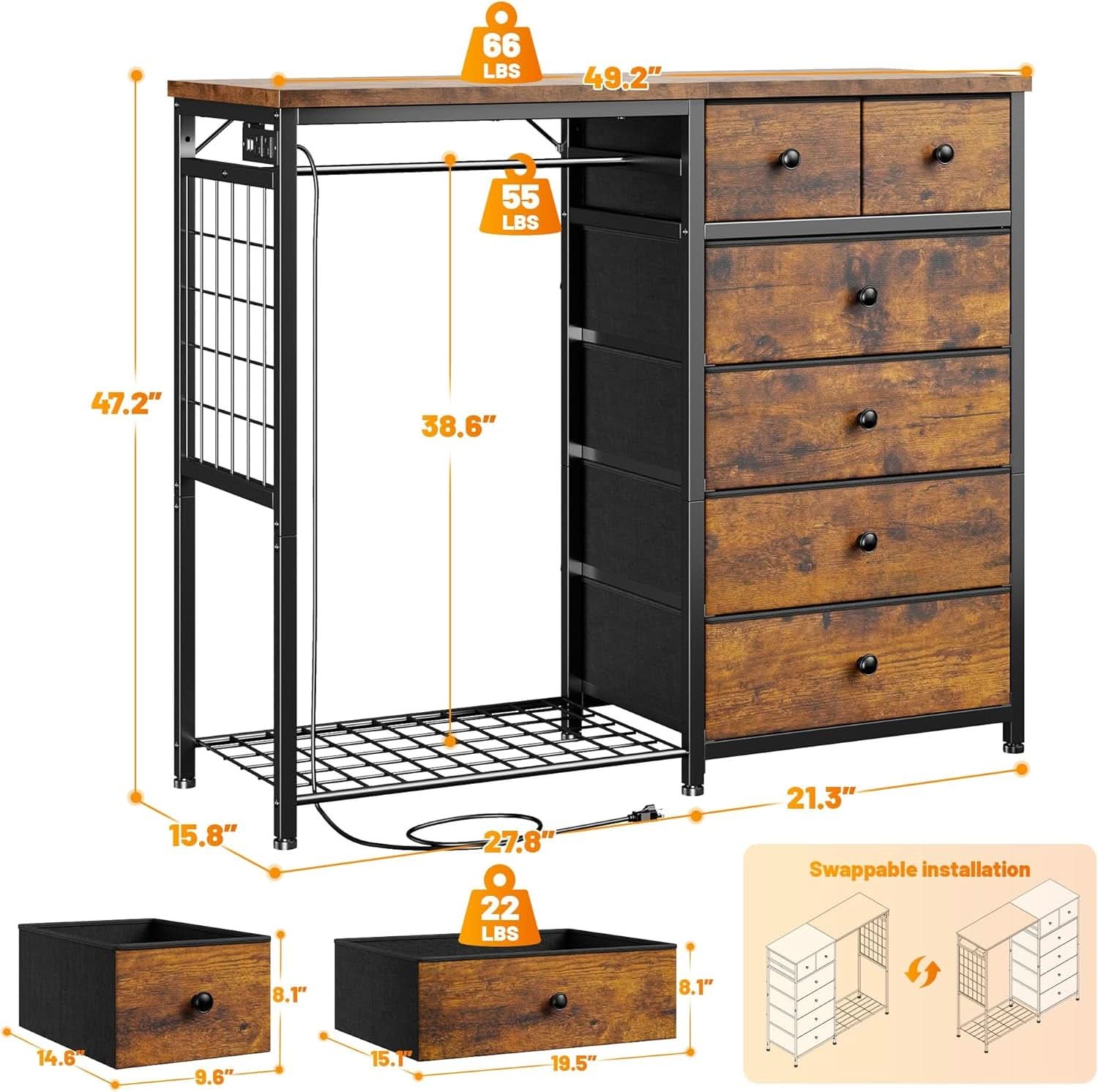 49 Inch Rustic Brown Dresser With Clothes Rack LED Lights