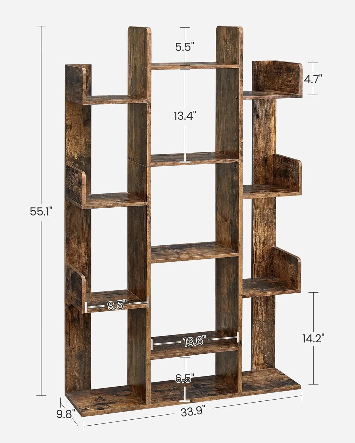 Tree Shaped Bookcase Rustic Brown Tall With 13 Shelves