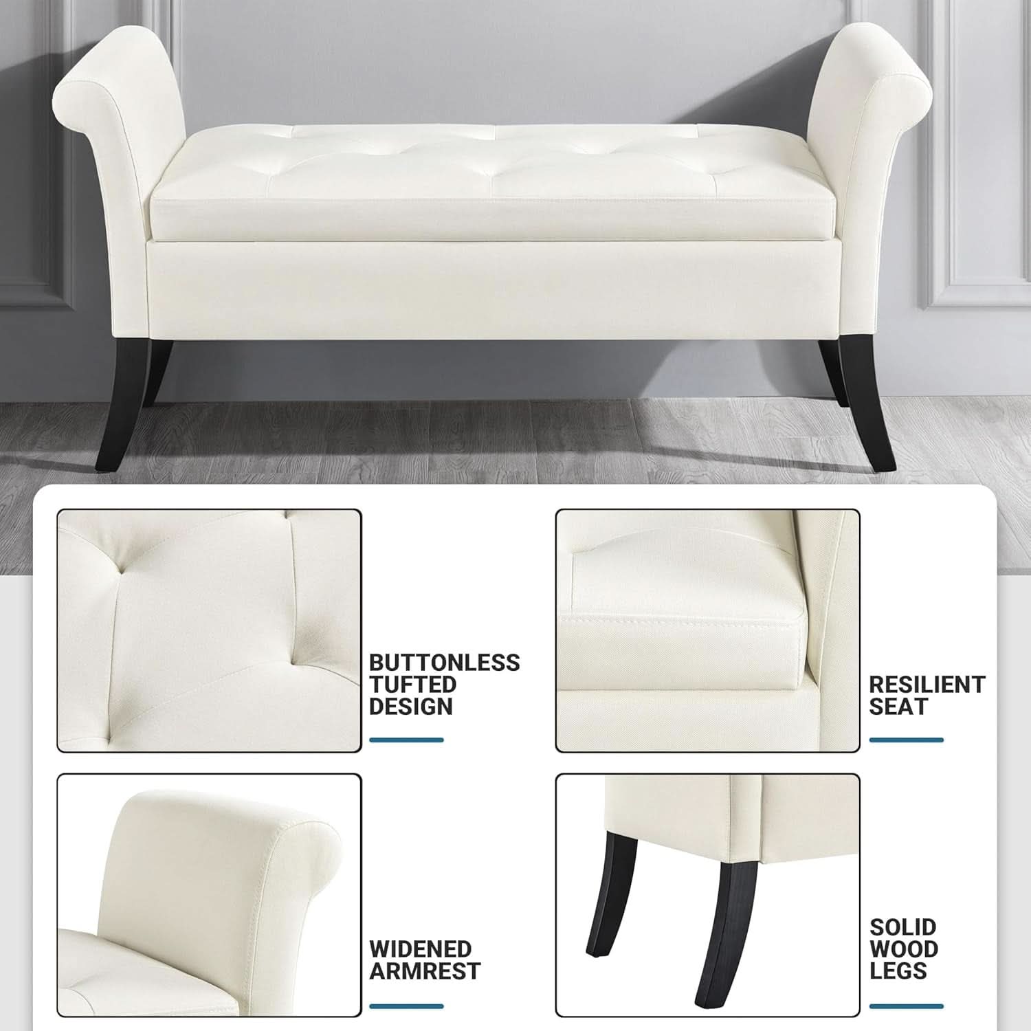 Fifty TwoInches Durable White Upholstered Storage Ottoman Bench