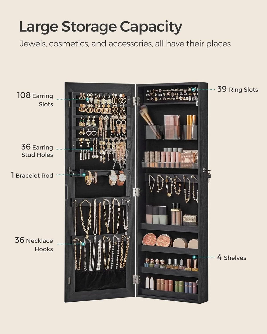 Mirror Jewelry Cabinet Armoire Wall Mounted Lockable
