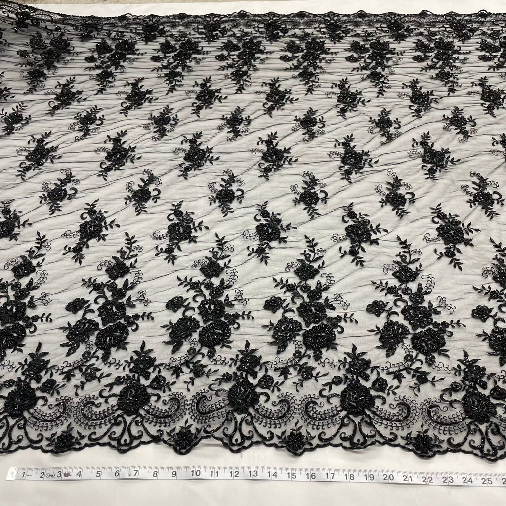 Beaded & Sequined Lace Fabric Embroidered on 100% Polyester Net Mesh | LaceUSA - 41895W-BP Black